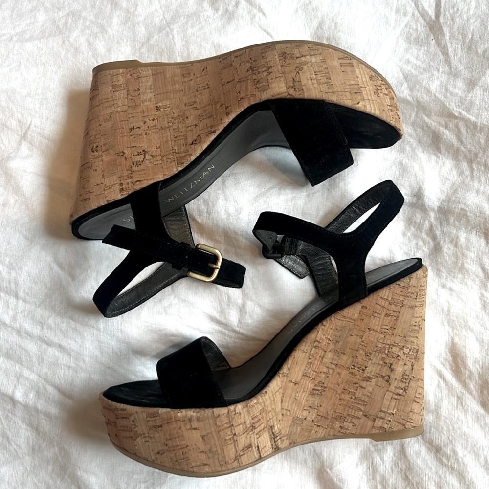 STUART WEITZMAN Cork Platform Sandals with Black Suede